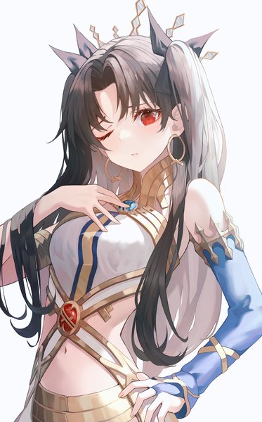 Anime picture 1860x2990 with fate (series) fate/grand order ishtar (fate) kerno single long hair tall image looking at viewer blush fringe highres black hair simple background red eyes white background bare shoulders payot upper body head tilt one eye closed