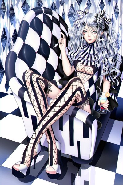 Anime picture 1181x1772 with original lunatic (phantasy) single long hair tall image looking at viewer light erotic sitting silver hair white hair facial mark wavy hair checkered floor silver eyes checkered rhombus girl thighhighs dress bow