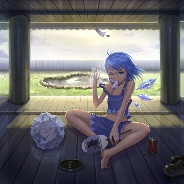 Anime picture 2000x2000 with touhou cirno zhengyifan7 single highres short hair blue eyes blue hair one eye closed wink girl navel wings food shorts sweets fan ice cream ice