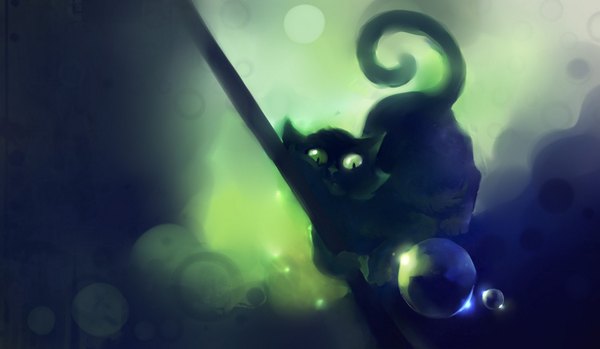 Anime picture 1856x1080 with apofiss highres wide image green eyes animal ears tail pointy ears cat ears wallpaper animal cat bubble (bubbles)
