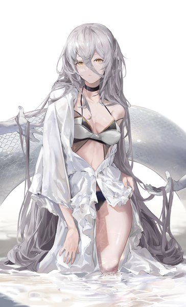 Anime picture 1844x3037 with original jmin tall image looking at viewer fringe highres breasts light erotic hair between eyes large breasts standing yellow eyes silver hair very long hair off shoulder wide sleeves partially submerged solo focus swimsuit under clothes girl