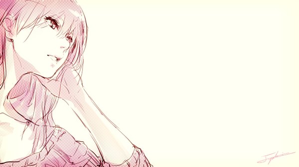 Anime picture 1249x702 with original yuranpo single long hair fringe simple background wide image white background looking away pink hair parted lips pink eyes twisty sleeves girl