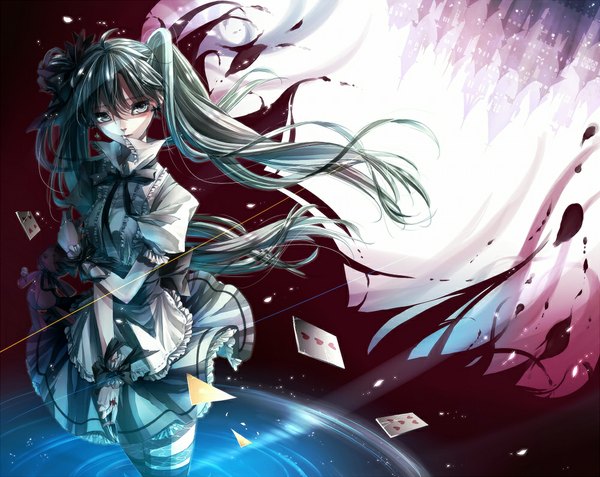 Anime picture 1000x796 with vocaloid hatsune miku itsukihimetsu itta single long hair looking at viewer twintails aqua eyes aqua hair girl thighhighs dress bow ribbon (ribbons) black thighhighs hair ribbon frills card (cards)