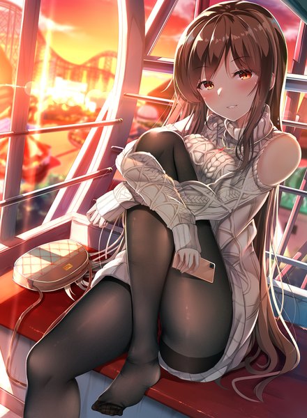 Anime picture 839x1144 with original hiragi ringo single long hair tall image looking at viewer blush fringe breasts light erotic brown hair large breasts sitting bare shoulders brown eyes bent knee (knees) long sleeves parted lips head tilt fingernails