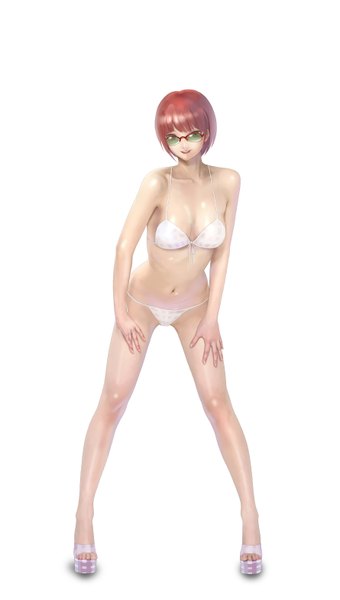 Anime picture 1777x3134 with dangan ronpa super dangan ronpa 2 koizumi mahiru nyarko single tall image looking at viewer blush highres short hair open mouth light erotic simple background smile white background green eyes cleavage red hair barefoot bare belly