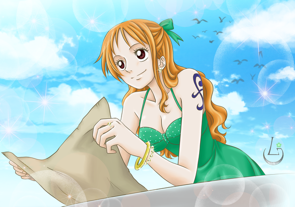 Anime picture 4961x3496 with one piece toei animation nami (one piece) ludovica single long hair fringe highres breasts smile standing bare shoulders holding brown eyes signed looking away absurdres sky cleavage cloud (clouds)