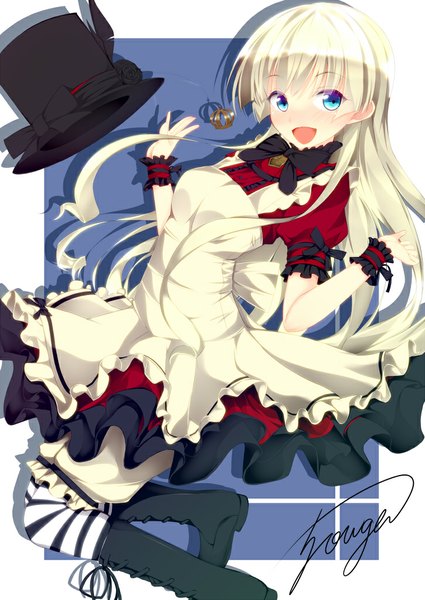 Anime picture 725x1023 with original jougen single long hair tall image looking at viewer blush open mouth blue eyes white hair girl dress hat boots frills crown