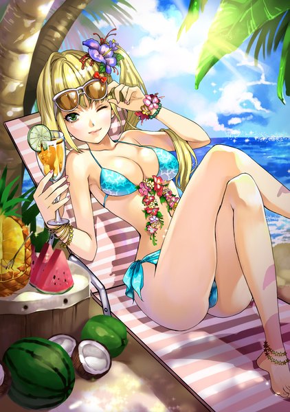 Anime picture 1615x2298 with original chushengdao single long hair tall image breasts light erotic blonde hair green eyes ponytail one eye closed hair flower wink crossed legs side ponytail star print girl hair ornament flower (flowers) swimsuit