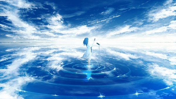 Anime picture 2560x1440 with original y y (ysk ygc) single long hair highres wide image blue hair looking away sky cloud (clouds) wallpaper reflection girl dress sundress musical instrument guitar microphone stand