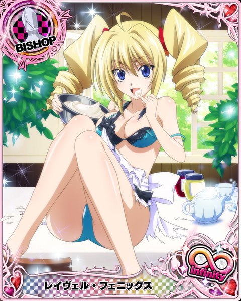 Anime picture 640x800 with highschool dxd ravel phenex single long hair tall image looking at viewer blue eyes light erotic blonde hair twintails torn clothes drill hair card (medium) eating girl underwear panties lingerie bra apron