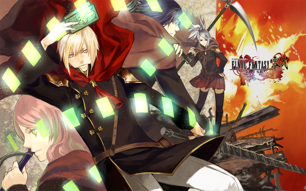 Anime picture 1280x799 with final fantasy square enix niso short hair black hair blonde hair wide image yellow eyes pink hair silver hair ponytail profile inscription hand on hip magic group ruins girl thighhighs skirt