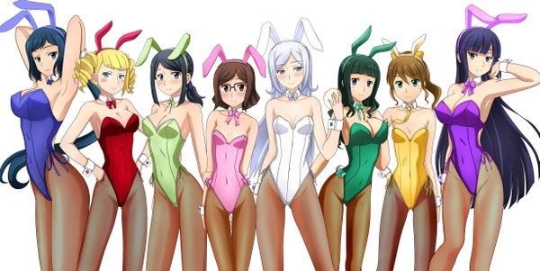 Anime picture 2450x1232 with mobile suit gundam gundam build fighters sunrise (studio) aila jyrkiainen kousaka china iori rinko yajima caroline mihoshi (gundam bf) samejima yukari misaki (gundam bf) kenken long hair looking at viewer blush highres short hair breasts blue eyes light erotic black hair