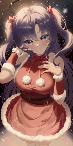 Anime picture 4615x9234 with blue archive yuuka (blue archive) rega single long hair tall image looking at viewer fringe highres hair between eyes purple eyes absurdres purple hair head tilt from above two side up christmas girl dress halo