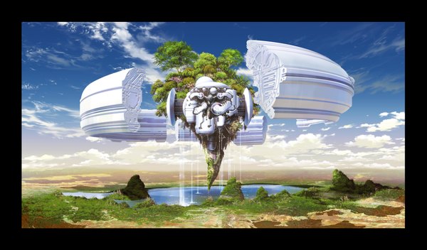 Anime picture 3887x2282 with original magewappa z single highres wide image absurdres sky cloud (clouds) border spread arms landscape mechanical lake girl flower (flowers) plant (plants) tree (trees) water grass