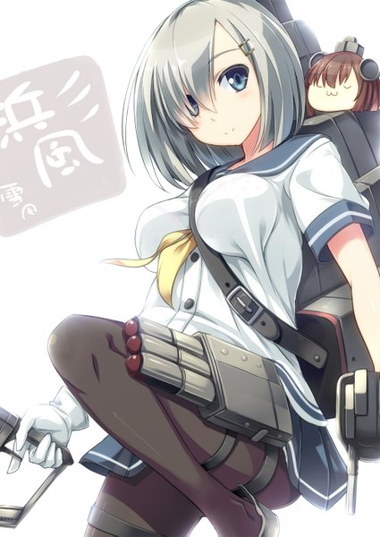 Anime picture 1000x1413 with kantai collection hamakaze destroyer yukikaze destroyer soranopin tall image looking at viewer blush fringe short hair breasts blue eyes brown hair large breasts multiple girls eyes closed grey hair hair over one eye :3 minigirl girl