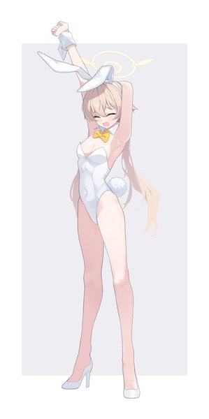 Anime picture 2274x4564 with blue archive hifumi (blue archive) arume ad single long hair tall image blush fringe highres open mouth light erotic simple background blonde hair hair between eyes standing animal ears full body tail eyes closed animal tail