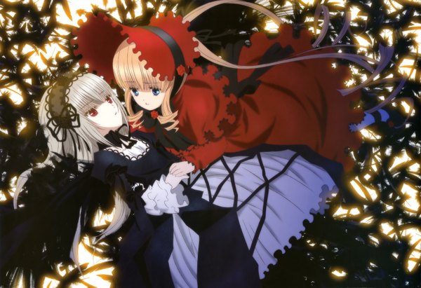 Anime picture 5958x4090 with rozen maiden nyantype suigintou shinku long hair highres blue eyes blonde hair red eyes multiple girls absurdres silver hair official art on back eye contact lolita fashion goth-loli gothic girl dress