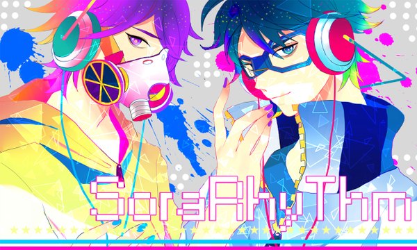 Anime picture 1300x780 with nico nico douga soraru suzumu tagme (artist) looking at viewer short hair blue eyes wide image purple eyes blue hair purple hair profile multicolored hair grey background open clothes open jacket multiple boys boy glasses jacket