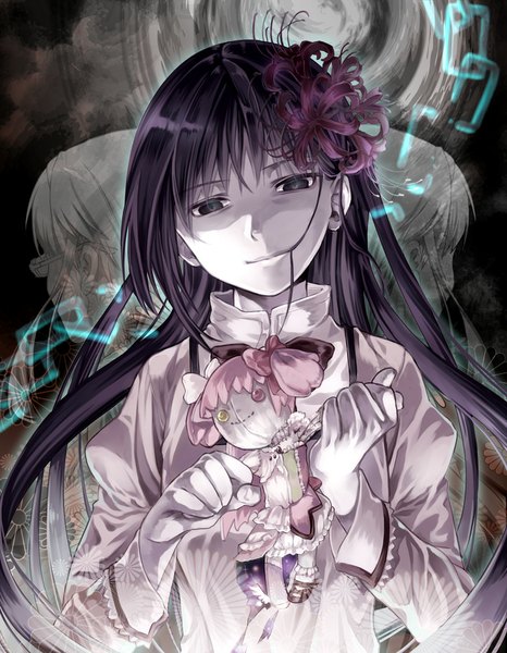Anime picture 778x1000 with mahou shoujo madoka magica shaft (studio) akemi homura kaname madoka tagme (character) sweetcry long hair tall image fringe purple eyes twintails holding pink hair purple hair hair flower mouth hold pale skin hair in mouth gloves hair ornament