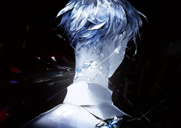 Anime picture 1500x1060 with houseki no kuni antarcticite bayashiko single short hair simple background silver hair from behind sparkle black background androgynous broken gem