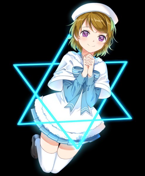 Anime picture 1200x1452 with love live! school idol project sunrise (studio) love live! koizumi hanayo zhi (yammycheese) single tall image blush short hair simple background smile brown hair purple eyes looking away full body black background hands clasped interlocked fingers hexagram girl