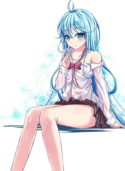 Anime picture 735x1001 with denpa onna to seishun otoko shaft (studio) touwa erio jianren single long hair tall image looking at viewer blush blue eyes smile sitting blue hair ahoge off shoulder bare legs girl skirt uniform bow