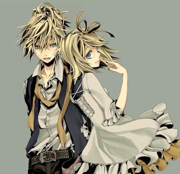 Anime picture 1050x1013 with vocaloid kagamine rin kagamine len macco (artist) short hair simple background blonde hair smile aqua eyes grey background couple casual girl dress boy bow ribbon (ribbons) belt scarf