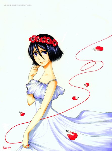 Anime picture 1772x2391 with bleach studio pierrot kuchiki rukia yuria-chu single tall image looking at viewer highres short hair black hair simple background white background purple eyes signed light smile sleeveless girl dress petals white dress