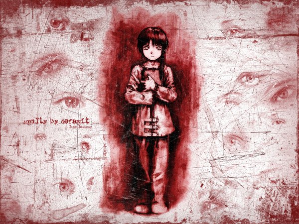 Anime picture 1600x1200 with serial experiments lain iwakura lain single short hair black hair holding inscription red background eyes girl book (books)