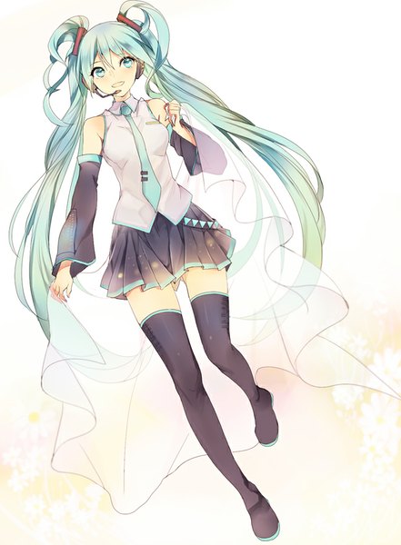 Anime picture 650x884 with vocaloid hatsune miku lpip single tall image simple background white background twintails bare shoulders looking away full body very long hair aqua eyes aqua hair girl detached sleeves boots headphones thigh boots microphone