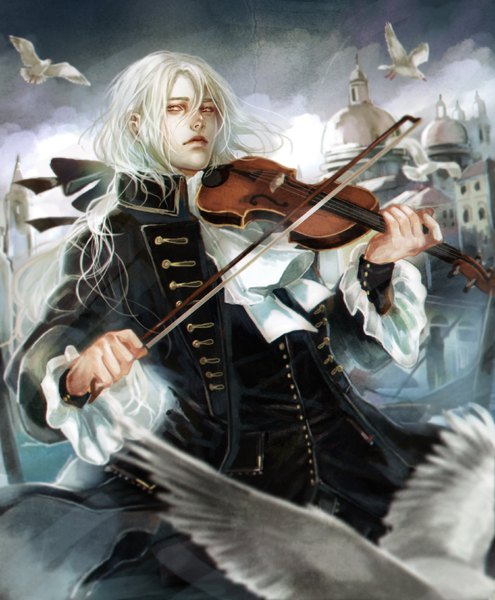 Anime picture 743x900 with original saito yukihiro single long hair tall image fringe hair between eyes standing holding looking away sky cloud (clouds) white hair wind realistic grey eyes low ponytail playing instrument boy ribbon (ribbons)