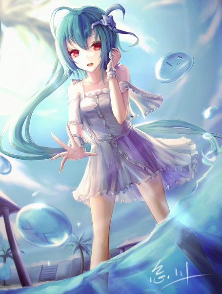 Anime picture 759x1000 with original wangchuan de quanyan single tall image looking at viewer open mouth red eyes blue hair very long hair girl dress water