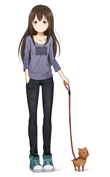 Anime picture 700x1124 with idolmaster idolmaster cinderella girls shibuya rin purea single long hair tall image blush fringe simple background brown hair standing white background green eyes looking away hand in pocket girl animal shoes necklace