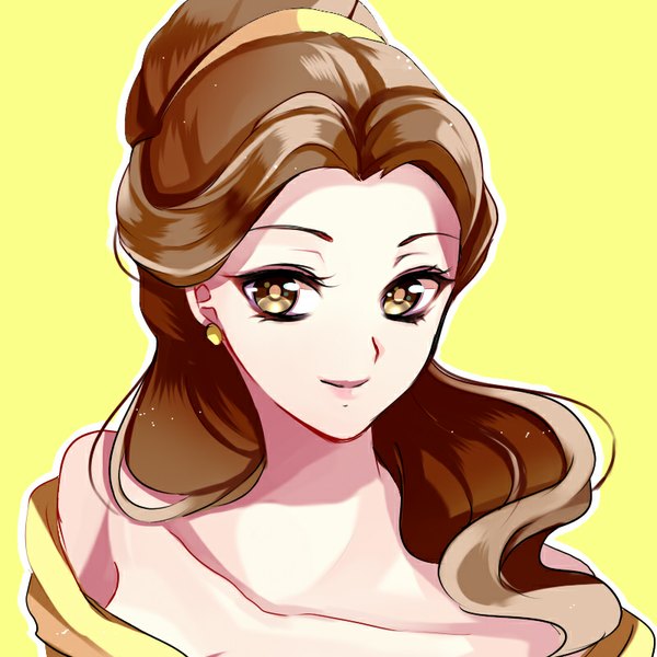 Anime picture 800x800 with beauty and the beast disney belle (beauty and the beast) kurabayashi single long hair simple background smile brown hair bare shoulders brown eyes looking away from above portrait yellow background girl dress earrings yellow dress