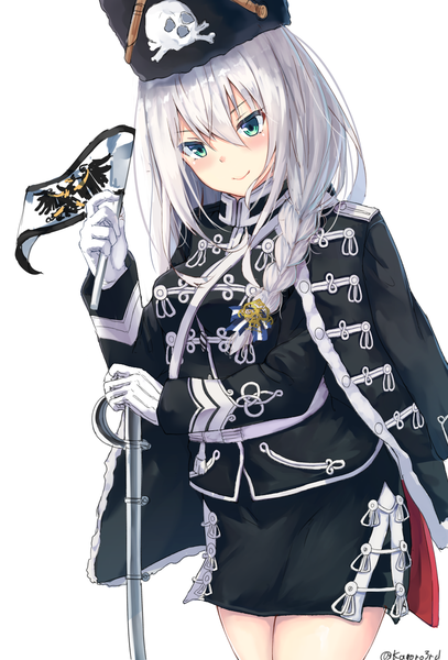 Anime picture 941x1386 with original karo-chan single long hair tall image blush simple background smile standing white background green eyes signed looking away silver hair braid (braids) head tilt twitter username single braid clothes on shoulders skull and crossbones