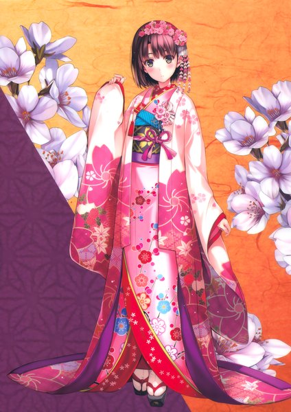 Anime picture 2684x3800 with saenai heroine no sodatekata a-1 pictures katou megumi misaki kurehito single tall image looking at viewer blush highres short hair brown hair brown eyes traditional clothes japanese clothes hair flower scan girl hair ornament flower (flowers) kimono