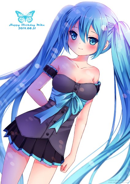 Anime picture 905x1280 with vocaloid hatsune miku nami (nyaa) single tall image looking at viewer blush fringe simple background white background twintails bare shoulders very long hair aqua eyes aqua hair girl skirt