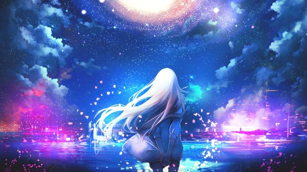 Anime picture 1920x1080 with satsuriku no tenshi ray (satsuriku no tenshi) hanagata simolia single long hair highres blonde hair wide image cloud (clouds) night wallpaper back hands behind back horizon colorful girl sea star (stars)