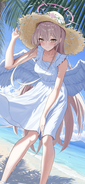 Anime picture 3100x6667 with blue archive nagisa (blue archive) bocchi (kuropom7) single tall image blush fringe highres blonde hair smile hair between eyes yellow eyes absurdres outdoors very long hair shadow leaning leaning forward sleeveless beach