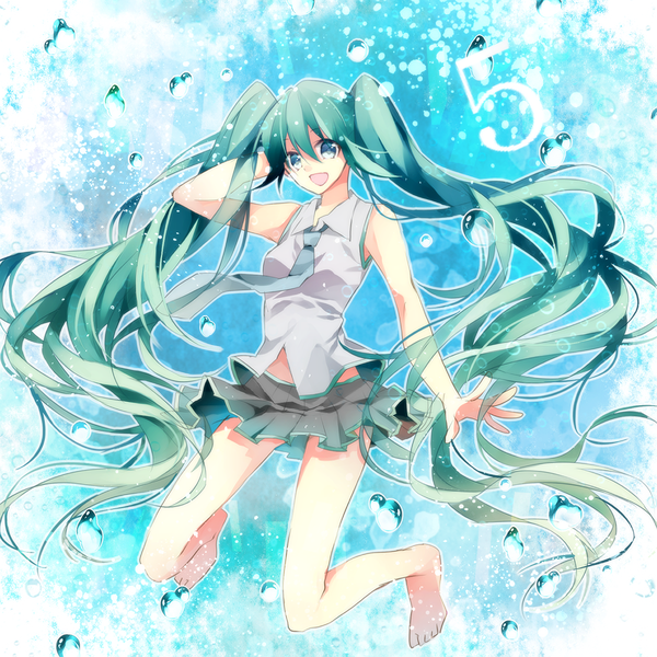 Anime picture 1000x1000 with vocaloid hatsune miku hanagata single long hair open mouth blue eyes simple background twintails bare shoulders pleated skirt barefoot aqua hair sleeveless blue background girl skirt necktie bubble (bubbles)