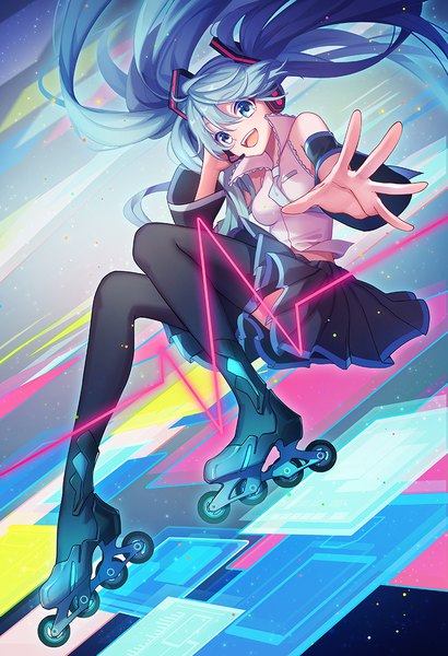 Anime picture 750x1097 with project diva f 2nd vocaloid hatsune miku sougishi ego single tall image looking at viewer fringe open mouth blue eyes smile hair between eyes twintails blue hair bent knee (knees) very long hair pleated skirt wide sleeves teeth floating hair