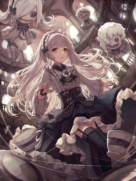 Anime picture 2000x2667 with original yohaku single long hair tall image looking at viewer fringe highres brown hair standing silver hair indoors blunt bangs parted lips wide sleeves piercing ear piercing lolita fashion girl thighhighs