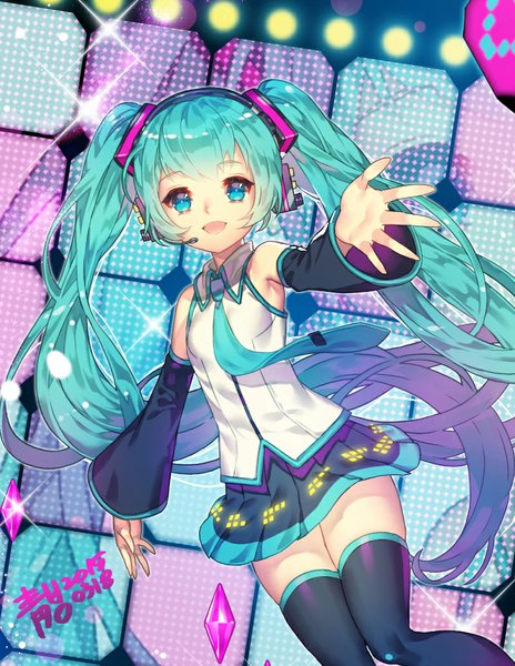 Anime picture 800x1034 with vocaloid hatsune miku erjung single tall image looking at viewer open mouth twintails bare shoulders very long hair :d aqua eyes aqua hair dutch angle outstretched arm dated zoom layer girl thighhighs black thighhighs