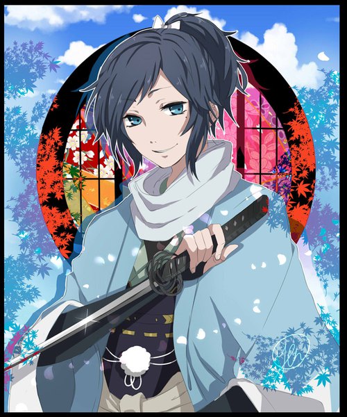 Anime picture 750x900 with touken ranbu nitroplus yamato no kami yasusada na yeon single tall image looking at viewer short hair blue eyes black hair smile holding signed sky cloud (clouds) upper body ponytail traditional clothes japanese clothes mole