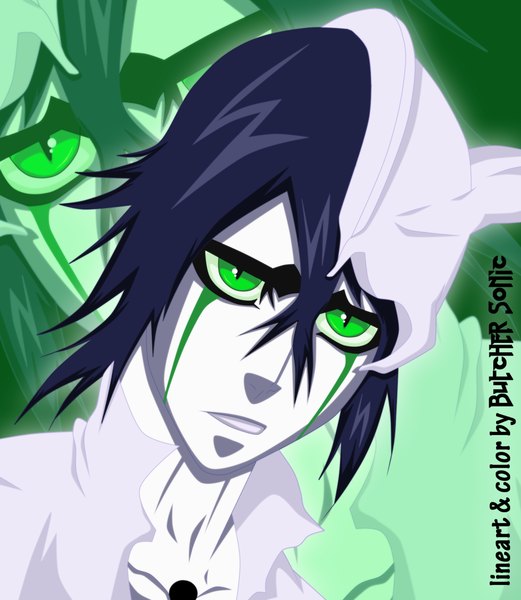 Anime picture 1738x2000 with bleach studio pierrot ulquiorra schiffer butchersonic single tall image highres short hair green eyes blue hair horn (horns) coloring portrait face zoom layer espada boy helmet