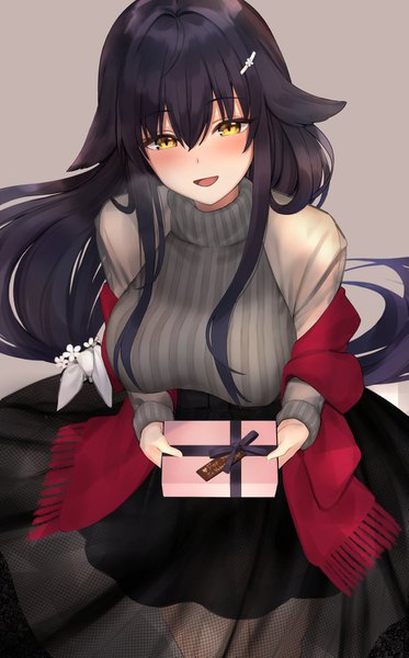 Anime picture 955x1537 with azur lane azuma (azur lane) kinokorec single long hair tall image looking at viewer blush fringe breasts open mouth black hair simple background smile hair between eyes large breasts standing holding yellow eyes payot