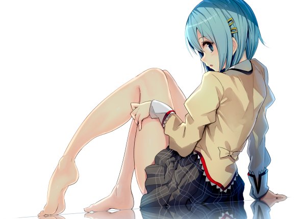 Anime picture 1200x858 with mahou shoujo madoka magica shaft (studio) miki sayaka paseri single looking at viewer blush short hair open mouth blue eyes simple background white background sitting blue hair barefoot legs back reflection girl skirt
