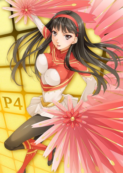 Anime picture 1296x1812 with persona 4 persona amagi yukiko konohana sakuya (persona 4) mukunokino isshiki single long hair tall image looking at viewer breasts open mouth light erotic black hair black eyes erect nipples covered nipples girl hairband bodysuit