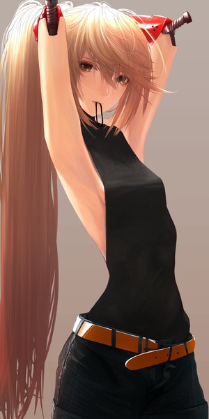 Anime picture 2350x4698 with original savan single long hair tall image looking at viewer fringe highres breasts blonde hair simple background hair between eyes standing holding brown eyes ponytail arms up armpit (armpits) sleeveless mouth hold