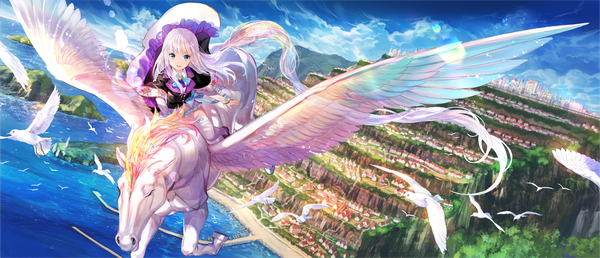 Anime picture 1764x761 with kenja no deshi wo nanoru kenja fuzichoco single long hair fringe highres open mouth blue eyes wide image sky silver hair cloud (clouds) outdoors city flying riding girl thighhighs animal white thighhighs